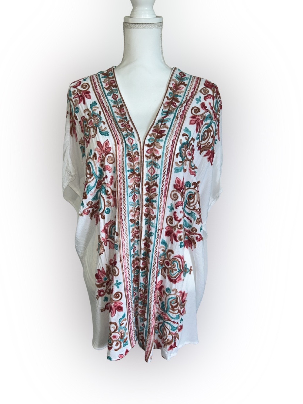 Umgee White Embroidered V-Neck Tunic with Pink & Teal Accents